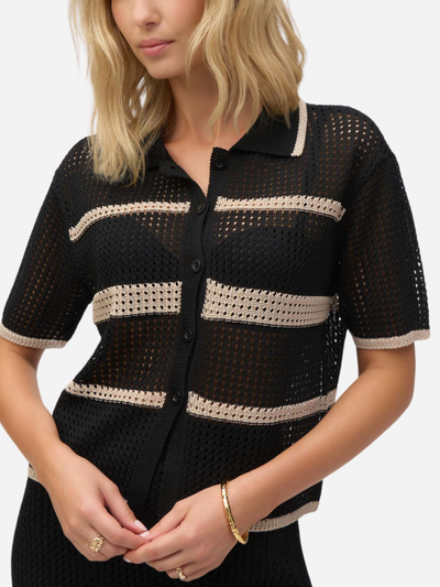 ladies short sleeve black and beige striped sweater