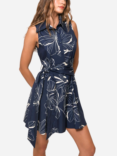 woman in blue casual dress with white floral print