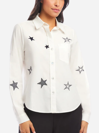 white button down shirt with black embroidered stars