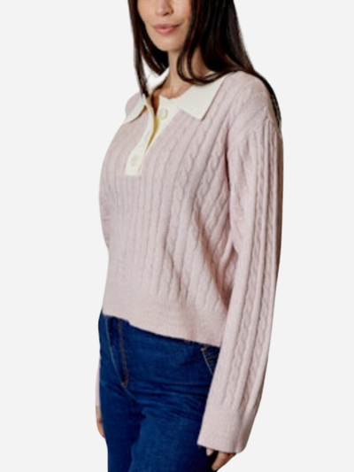 pink cable knit sweater with collar