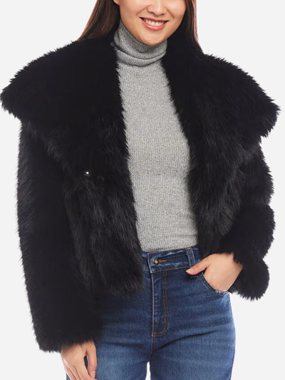 hip-length black faux fur jacket with wide collar