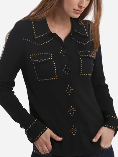 Black studded shirt worn by a model on a white background
