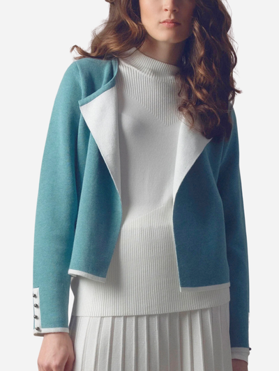 two-toned blue and white ladies cardigan sweater