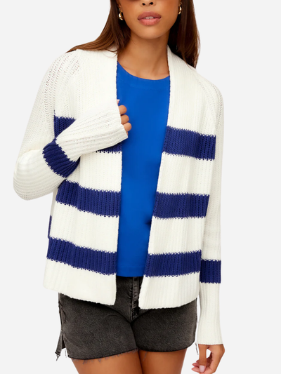 woman in blue and white stripe cardigan