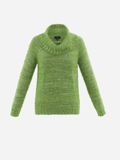 green furry sweater with mock neck