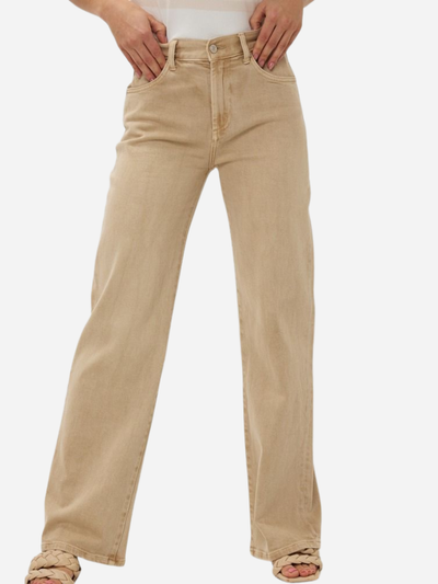 woman in khaki wide leg jeans