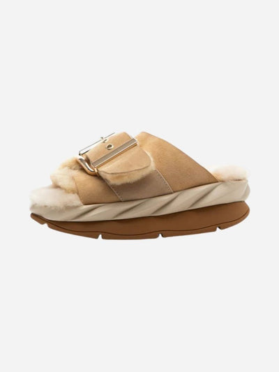 faux fur lined tan sandal with large buckle