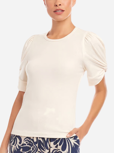 woman in white tee with twist short sleeves