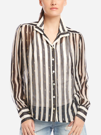 woman in black and white stripe button down blouse