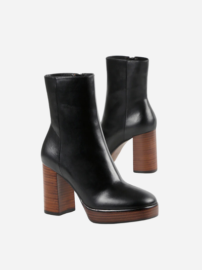 black leather platform booties with wooden heel