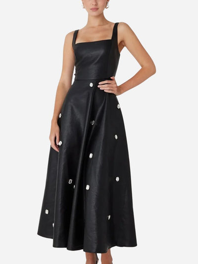 Black party dress with rhinestone details on a white background