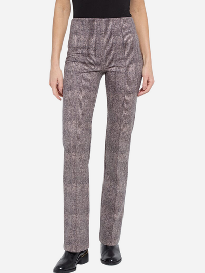 Plaid pants worn by a woman on a white background