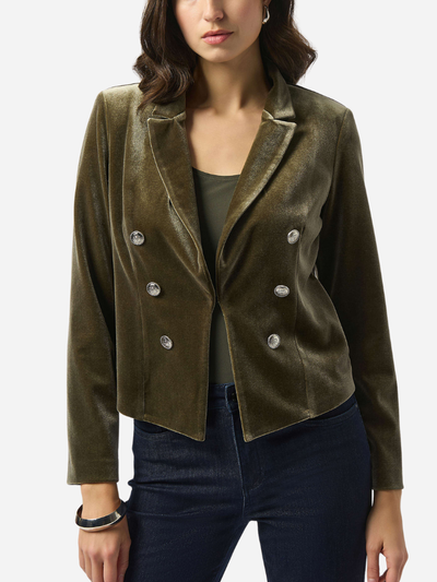 Olive khaki velvet jacket worn by a model on a white background