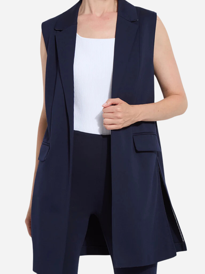 Navy long vest on a woman