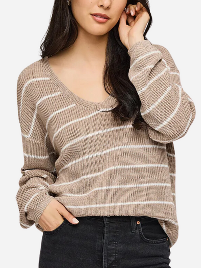 brown striped women's v-neck sweater