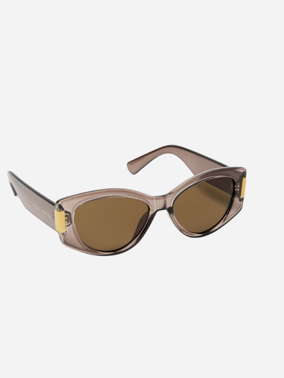Brown sunglasses with a gold accent on a white background