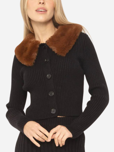 woman's black cardigan with brown faux fur collar