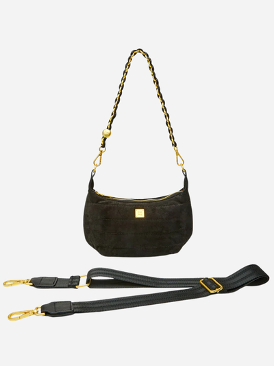 black suede purse with two detachable straps