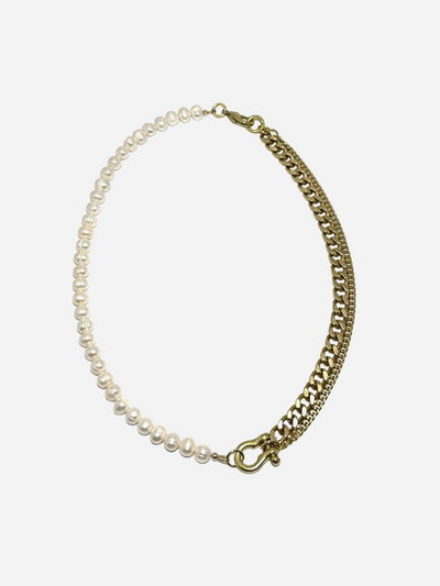 Necklace with white pearls and gold chain on a white background