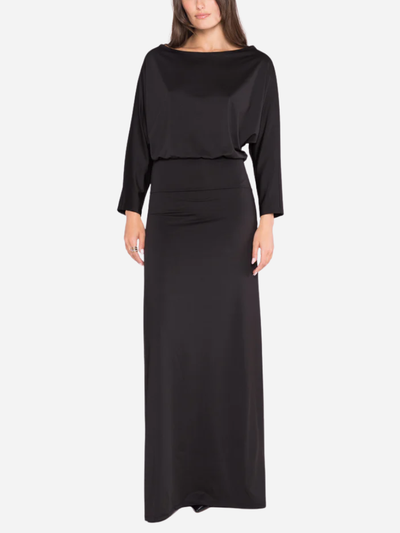 Black dress with a draped effect on a white background