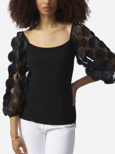 black blouse with dotted mesh sleeves