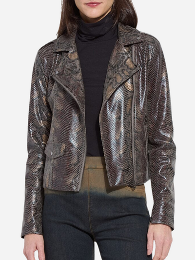 Person wearing a snakeskin patterned jacket on a white background