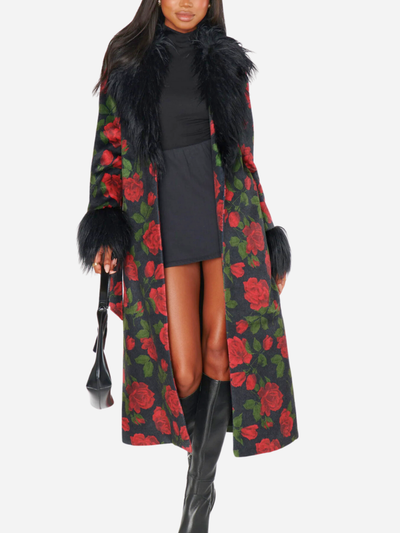 long floral coat with black faux fur cuffs and collar