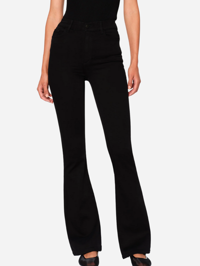 Black flared pants worn by a person on a white background