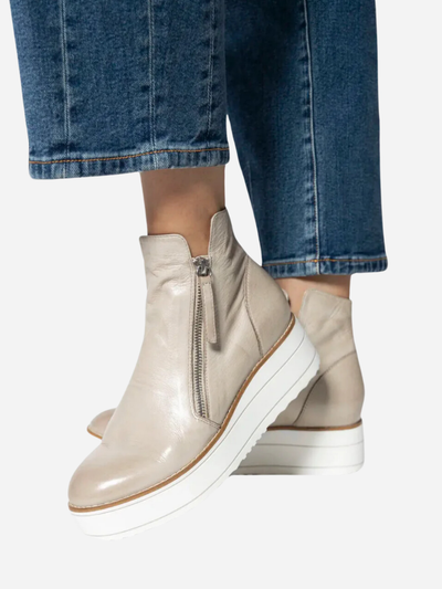 women's beige platform booties with zipper