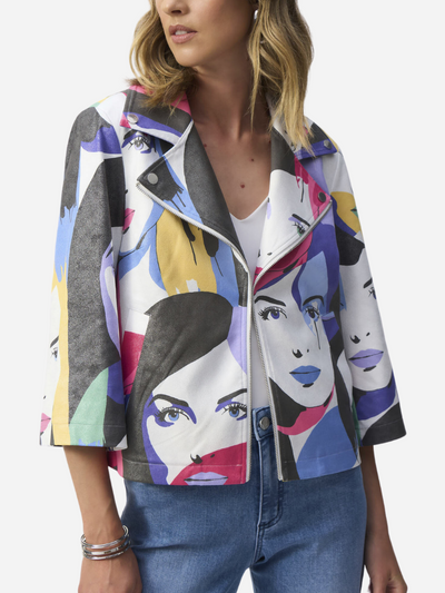 faux suede colorful jacket with abstract faces on it