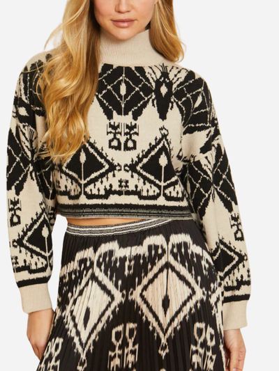 cropped black and cream tapestry mock neck sweater