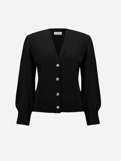 Black cardigan with rhinestone buttons on a light gray background