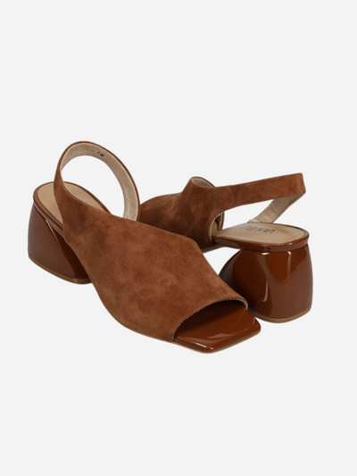 Brown open-toe suede sandals on a white background