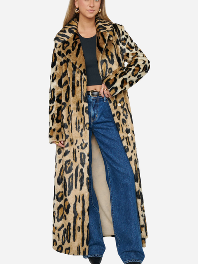 Person wearing a long leopard print coat on a white background