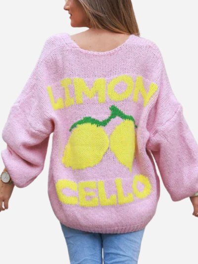 Pink sweater with 'Limon Cello' text and lemon graphics on a white background