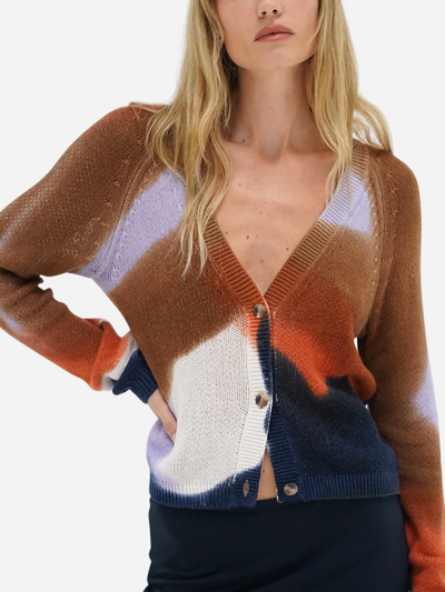 woman in soft layering multi-color cardigan