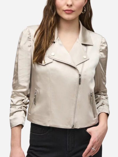 beige satin moto jacket with zippers