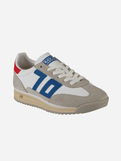 Sneaker with red, white, and blue design on a white background