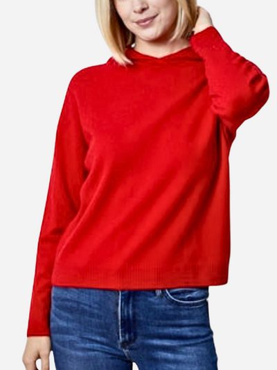woman in cashmere red hoodie sweater