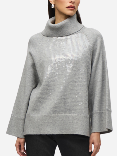 loose gray turtleneck sweater with sequins