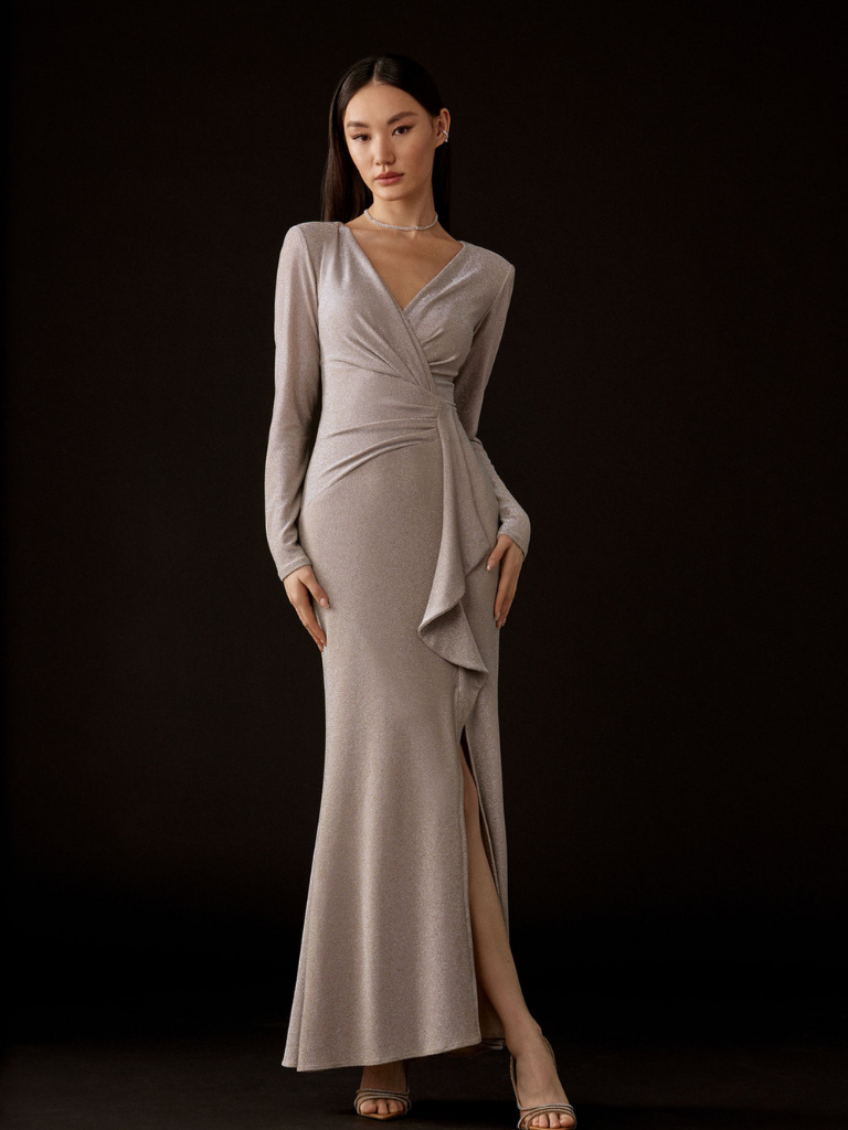 Joseph Ribkoff Sparkle Knit Long Sleeve Wrap Gown Alysa Rene Boutique