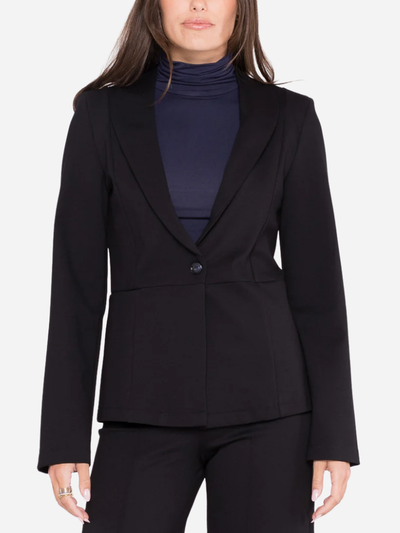 woman in black fitted ponte knit blazer