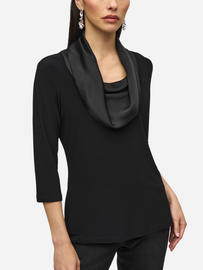 ladies silky black top with cowl neck