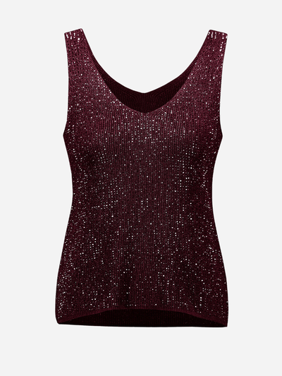Sparkly burgundy tank top on a light gray background
