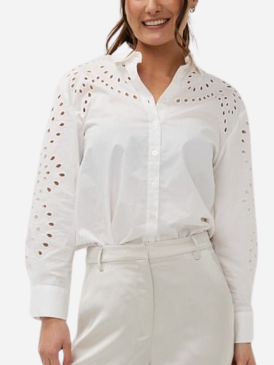 woman in white lace button down blouse