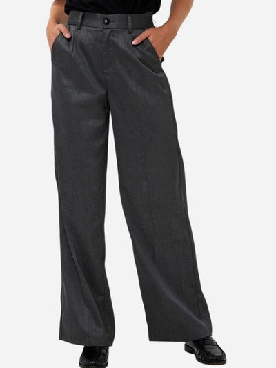 Dark gray wide-leg pants worn by a woman on a white background