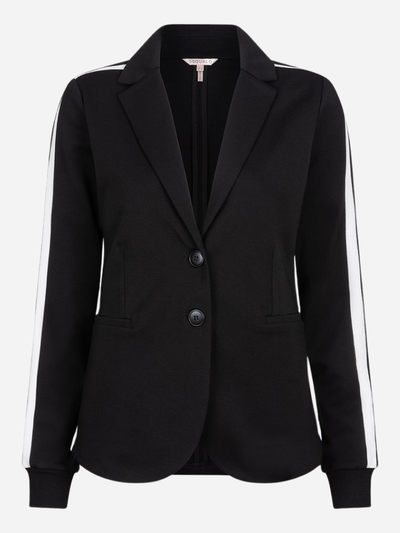 ladies black blazer with white racing stripe on side