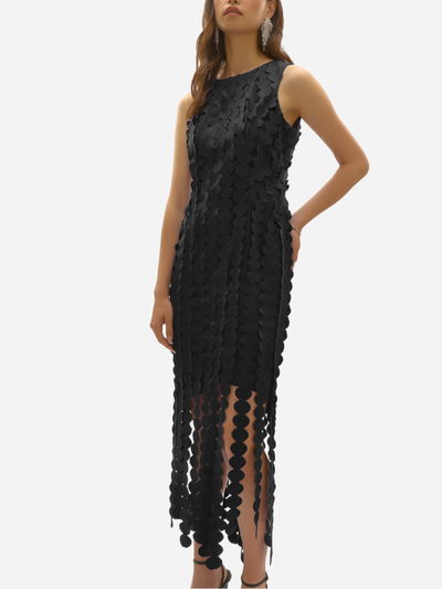 woman in little black cocktail dress with fringe