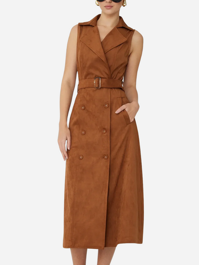 Brown suede sleeveless dress with a belt on a white background