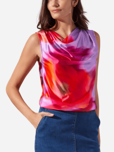 Woman in sleeveless floral top